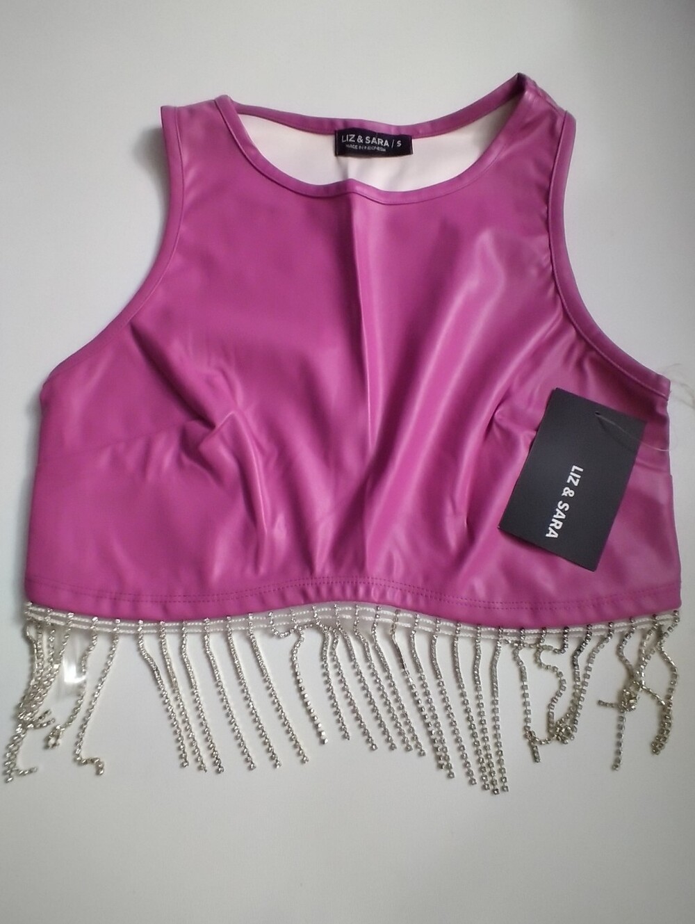 Liz & Sara Women's Hot Pink Faux Leather Rhinestone Fringe Crop Top New Size S